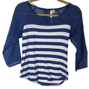 LC Lauren Conrad 3/4 shirt blue striped sheer bow high low extra small  READ